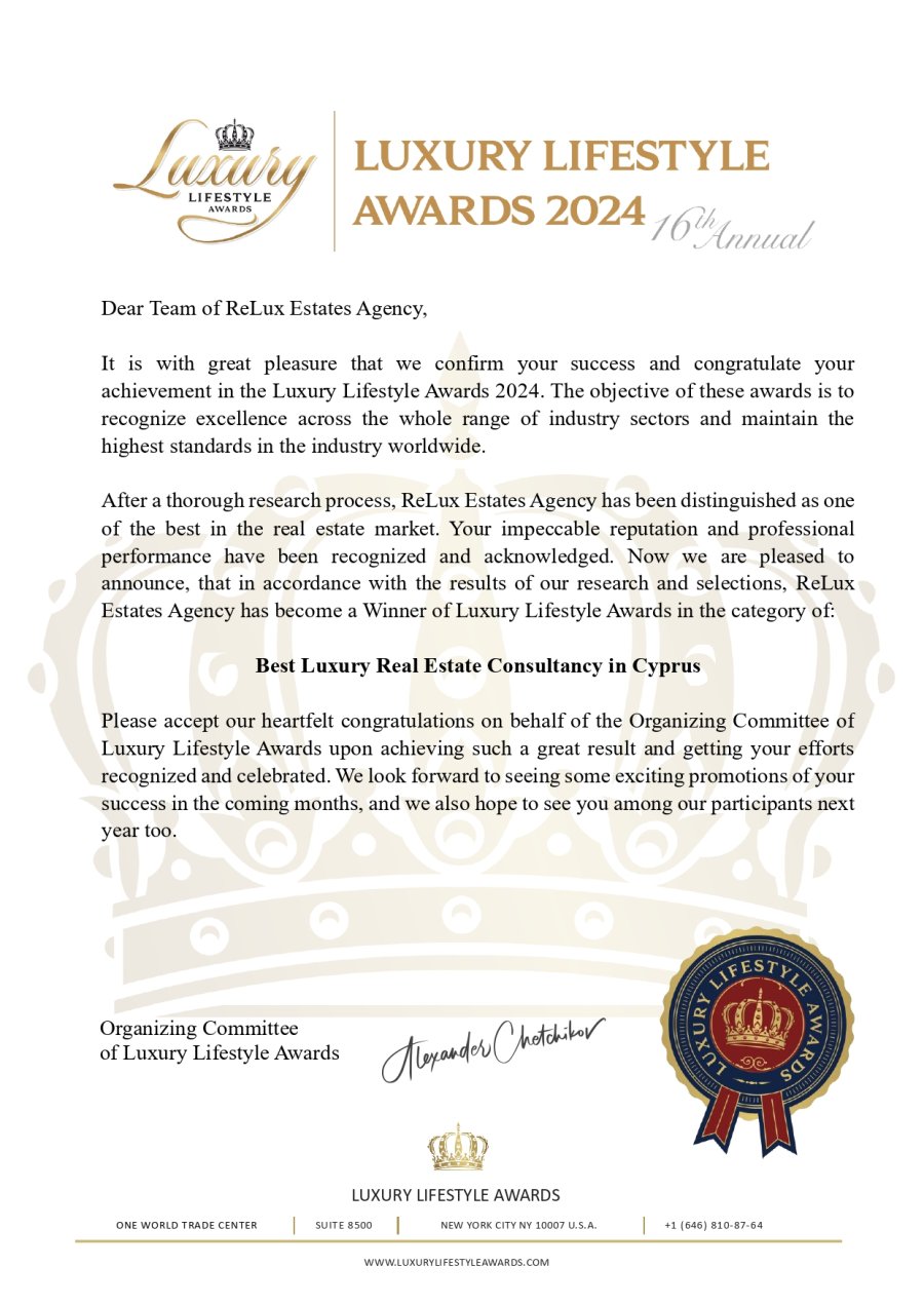 ReLux Estates Agency is the the 'Best Luxury Real Estate Consultancy in Cyprus' 2024